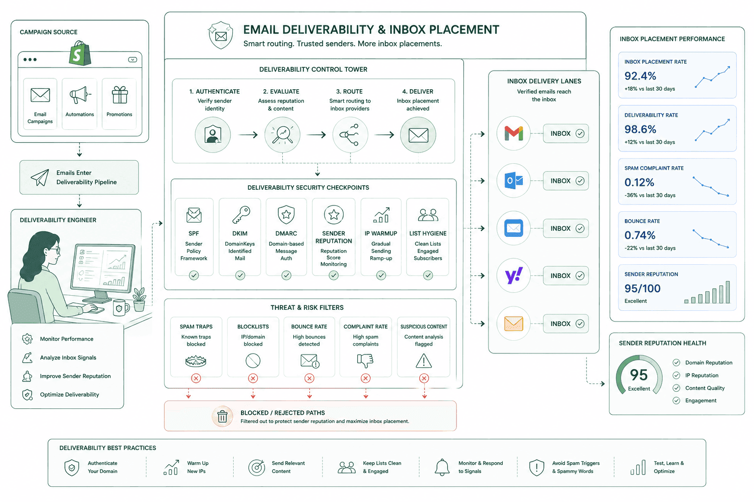 Shopify email deliverability setup showing SPF, DKIM and DMARC authentication records and inbox placement monitoring