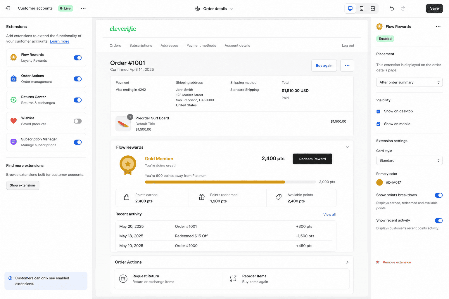 Shopify customer account UI extension showing order tracking and subscription management in the new customer accounts