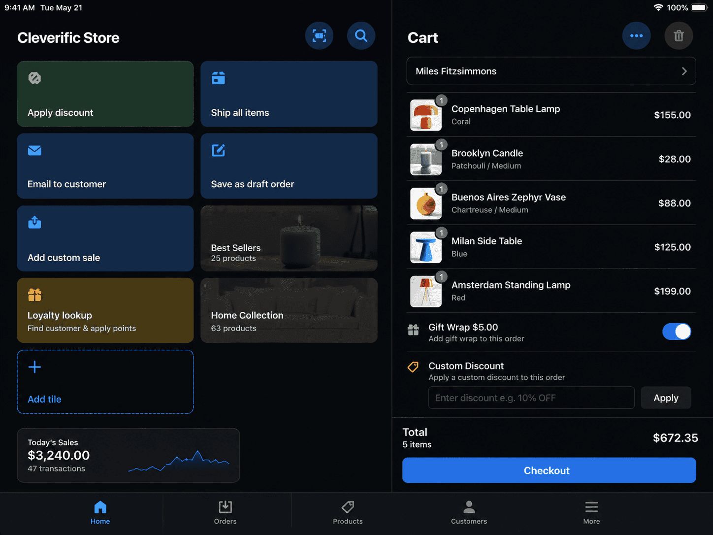 Shopify POS UI Extension showing a custom smart grid tile and cart action on a retail till