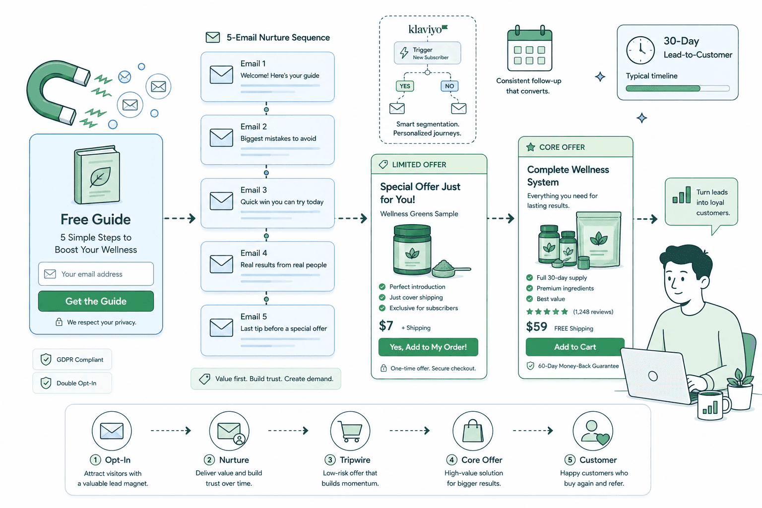 Shopify lead-generation funnel with an email capture offer, exit-intent popup and Klaviyo welcome flow