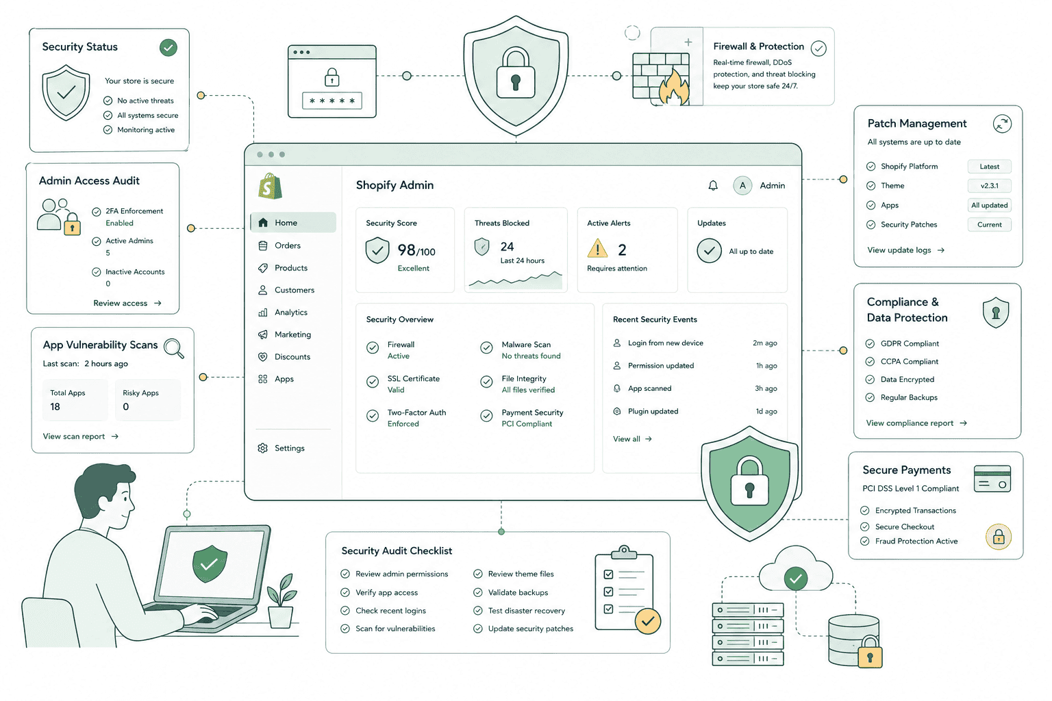 Shopify store security monitoring covering staff access, two-factor authentication, app permission audits and custom code review