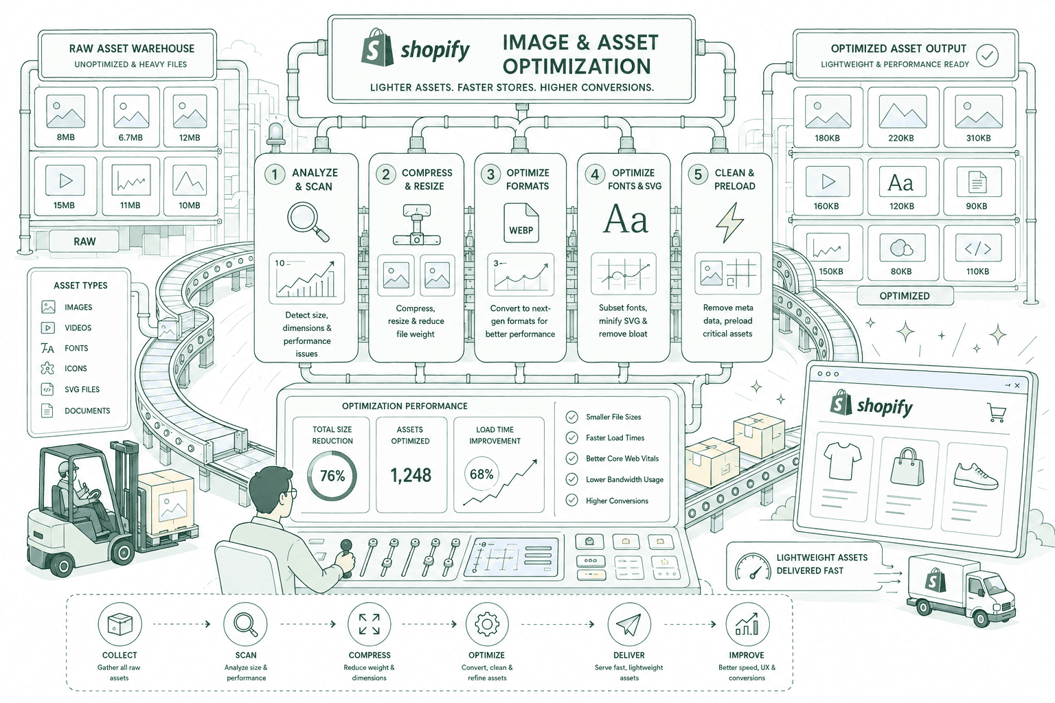 Shopify image and asset optimisation — responsive srcset delivery, modern formats and a preloaded LCP hero image