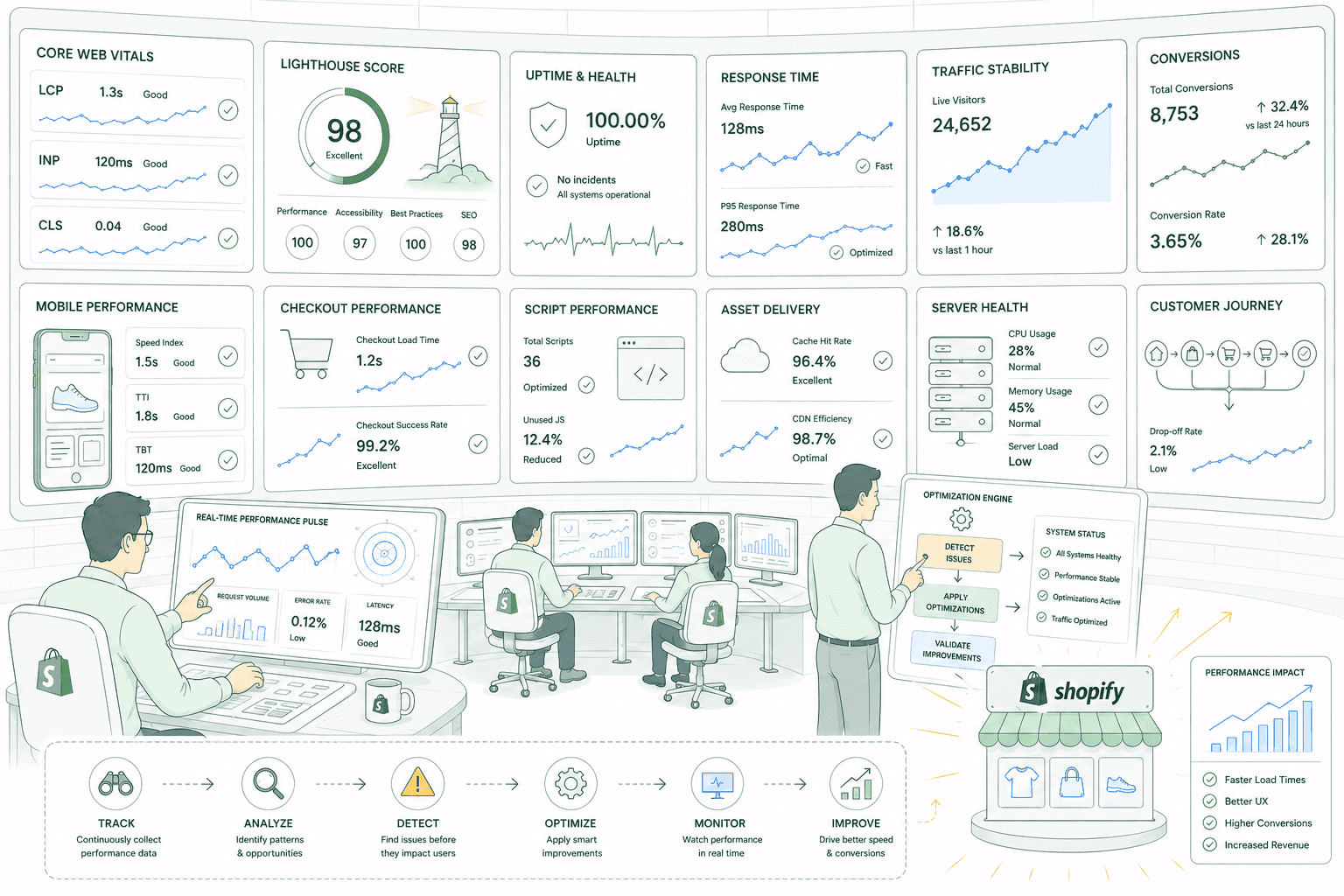 Shopify performance monitoring dashboard tracking Core Web Vitals field data and regression alerts over time