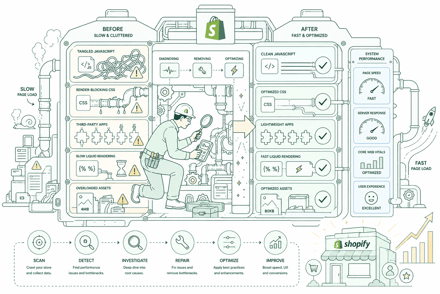 Shopify store speed audit showing waterfall analysis, render-blocking resources and per-app cost attribution