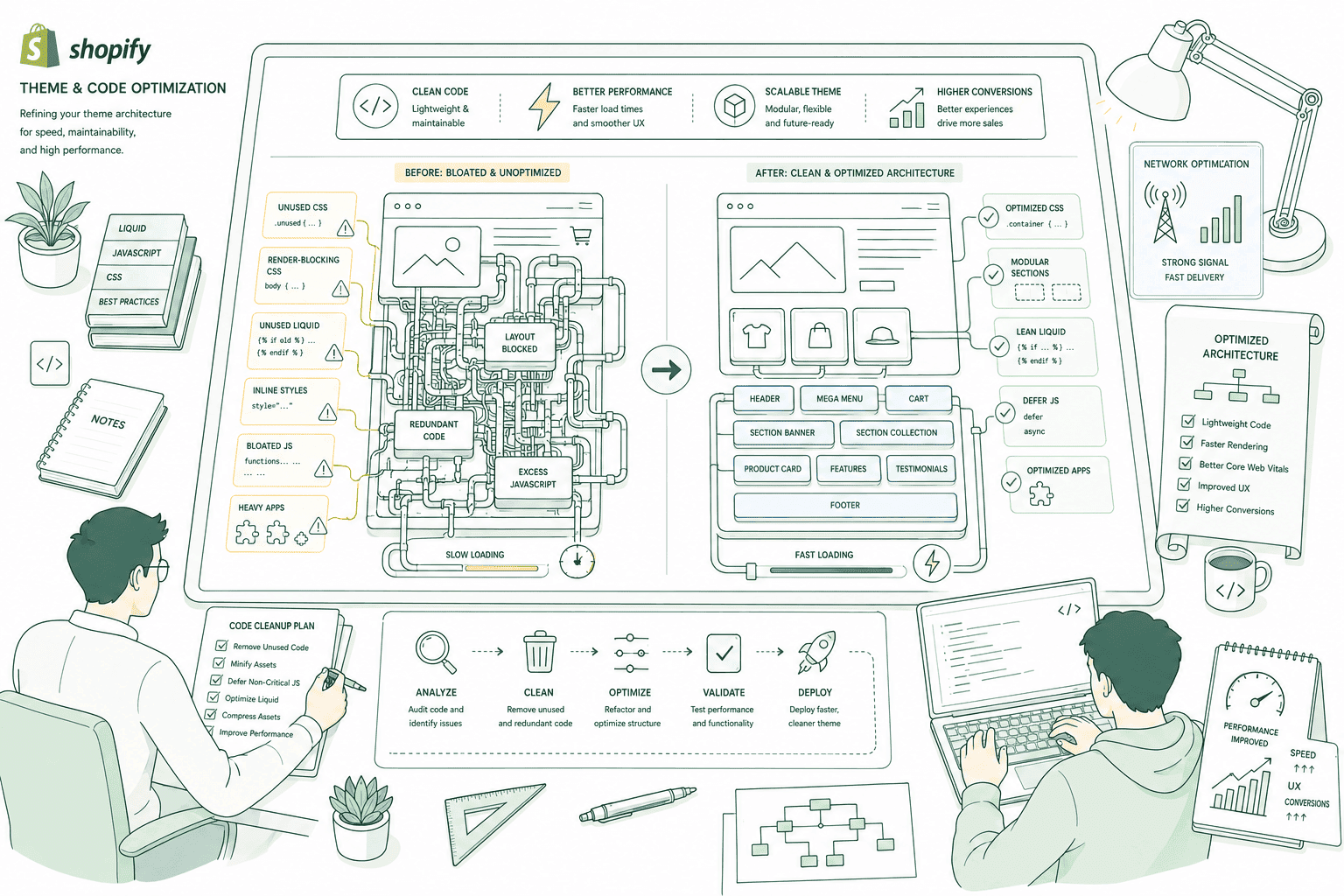Shopify theme code review showing unused CSS, render-blocking scripts and Liquid loops being optimised for speed