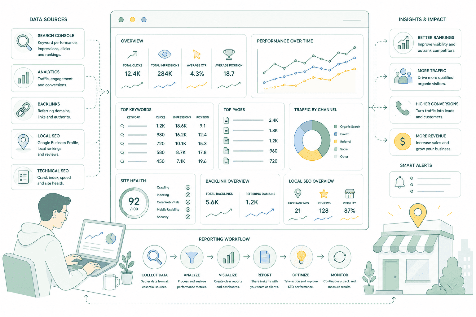 Shopify SEO reporting and tracking — Search Console, GA4 and rank tracking mapped to organic revenue by landing page