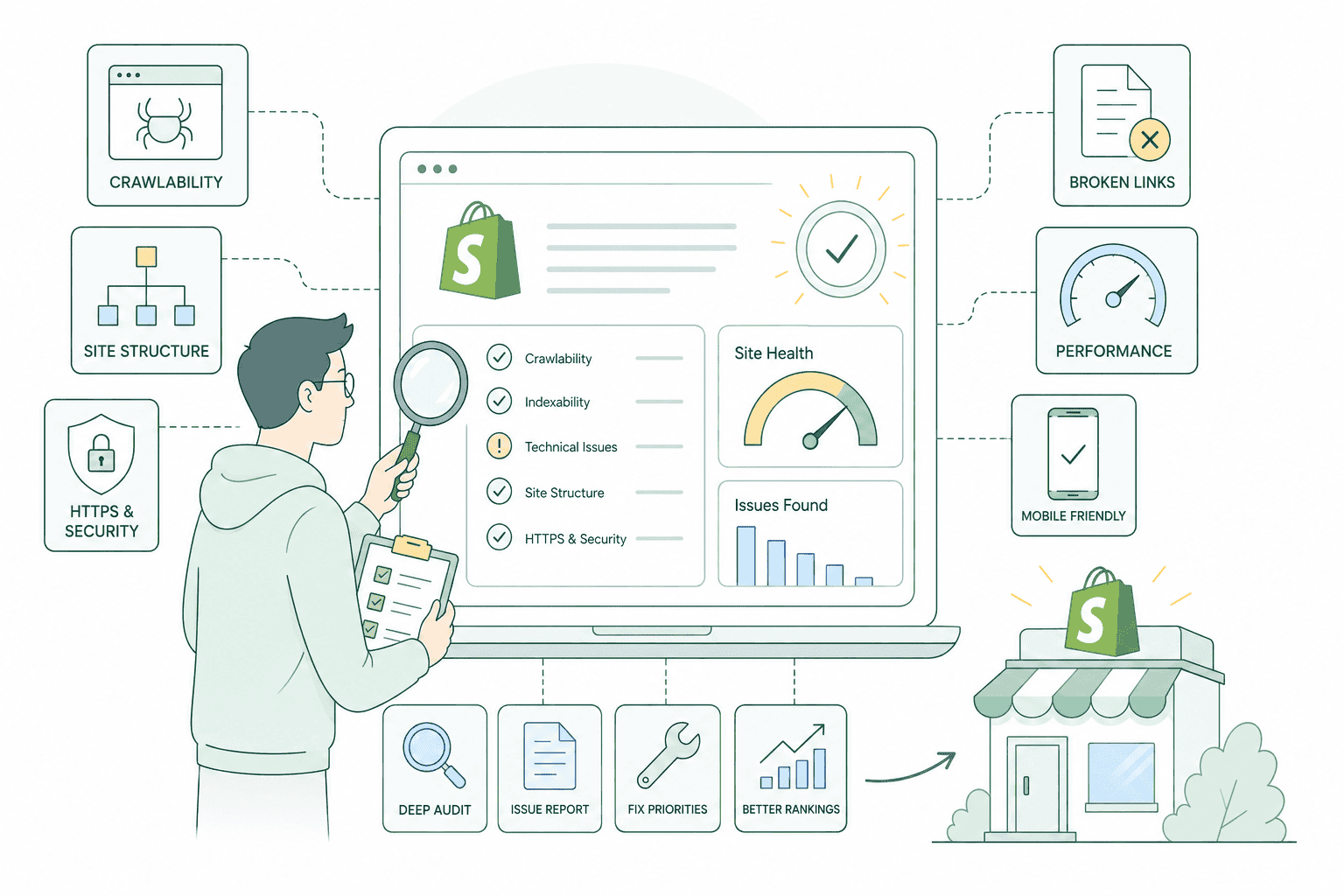 Shopify technical SEO audit showing crawl coverage, canonical handling and indexing issues across a store