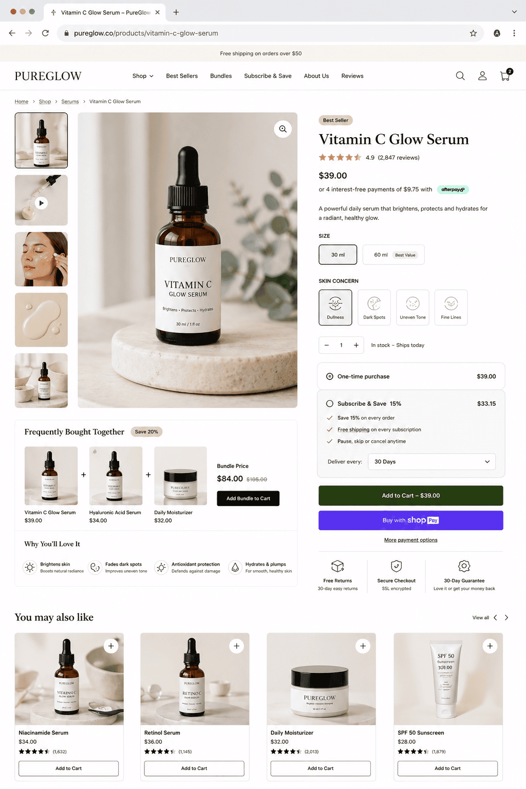 Conversion-optimised Shopify product and collection page layouts with sticky gallery and faceted filters