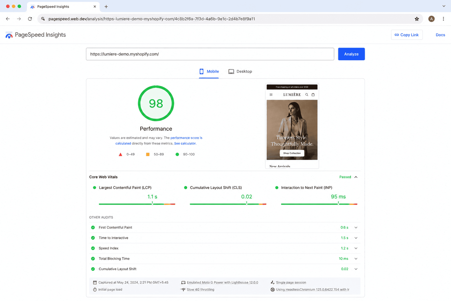 Performance-first Shopify theme — Core Web Vitals dashboard showing green LCP, CLS and INP scores