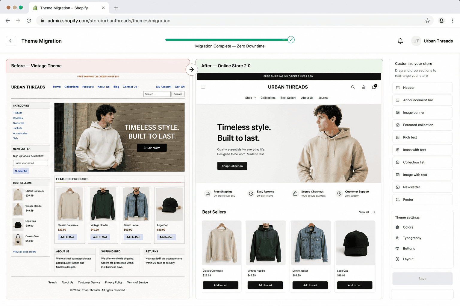 Shopify theme migration — vintage Liquid templates rebuilt as Online Store 2.0 JSON templates